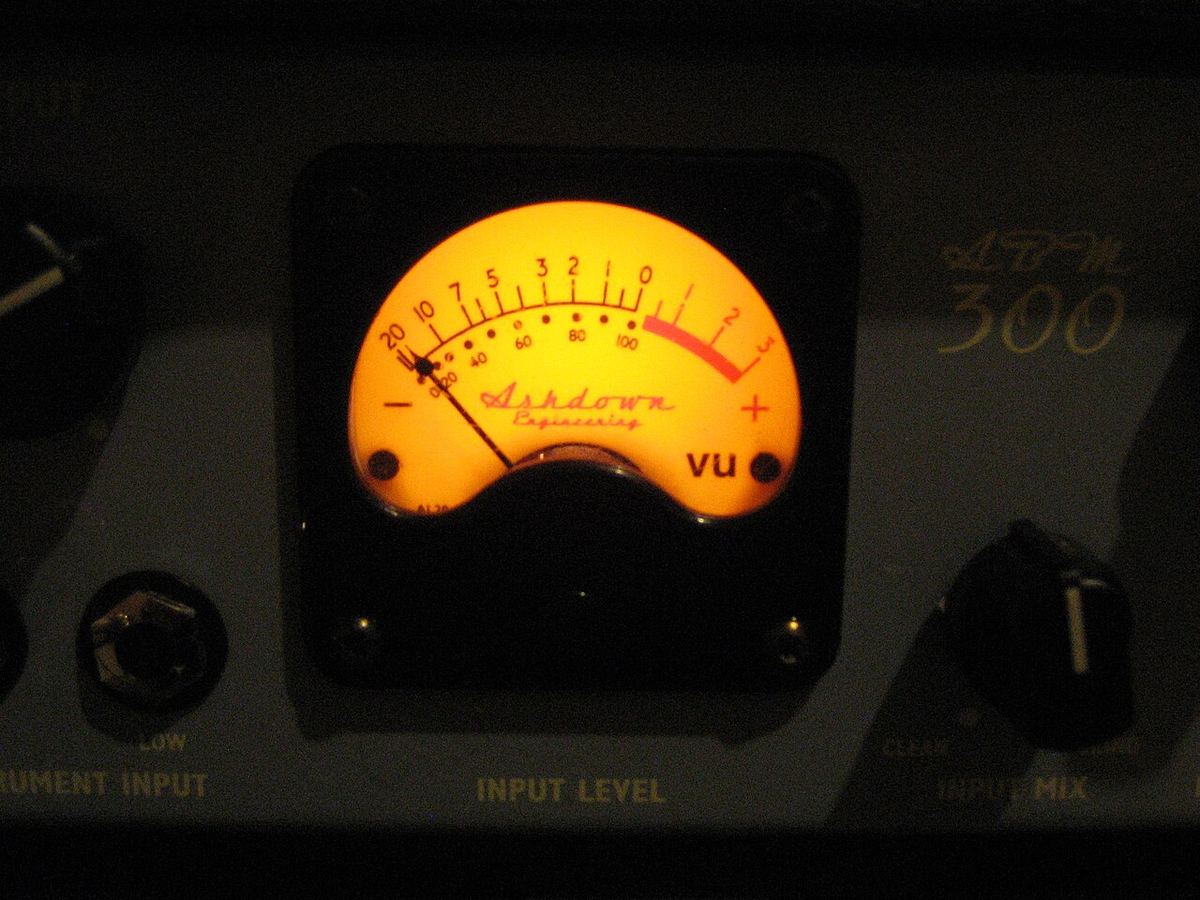 Illuminated analog VU-style level meter on an amplifier front panel