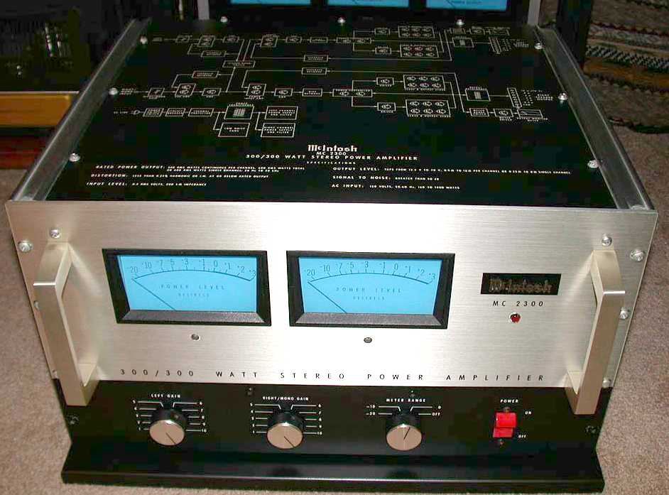 McIntosh MC2300 stereo power amplifier with its two blue output meters