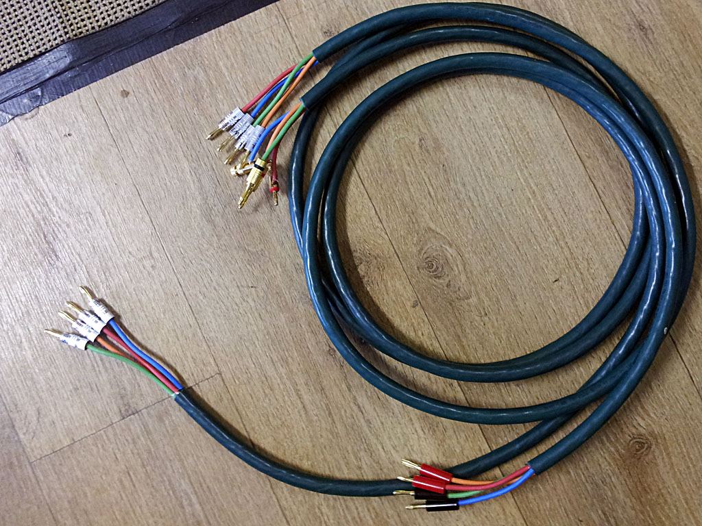 Bi-wire speaker cable with four terminated ends at the speaker side