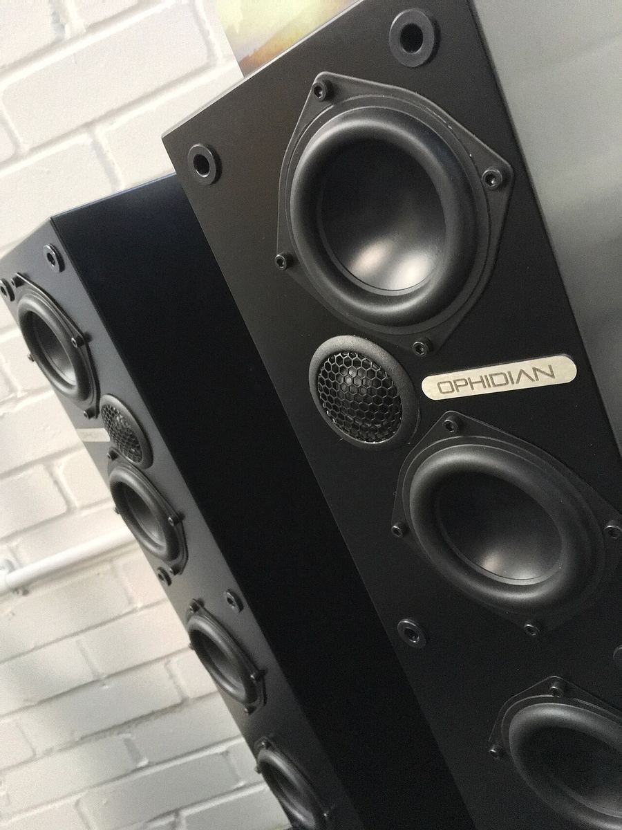 Pair of tall floorstanding loudspeakers with multiple drivers