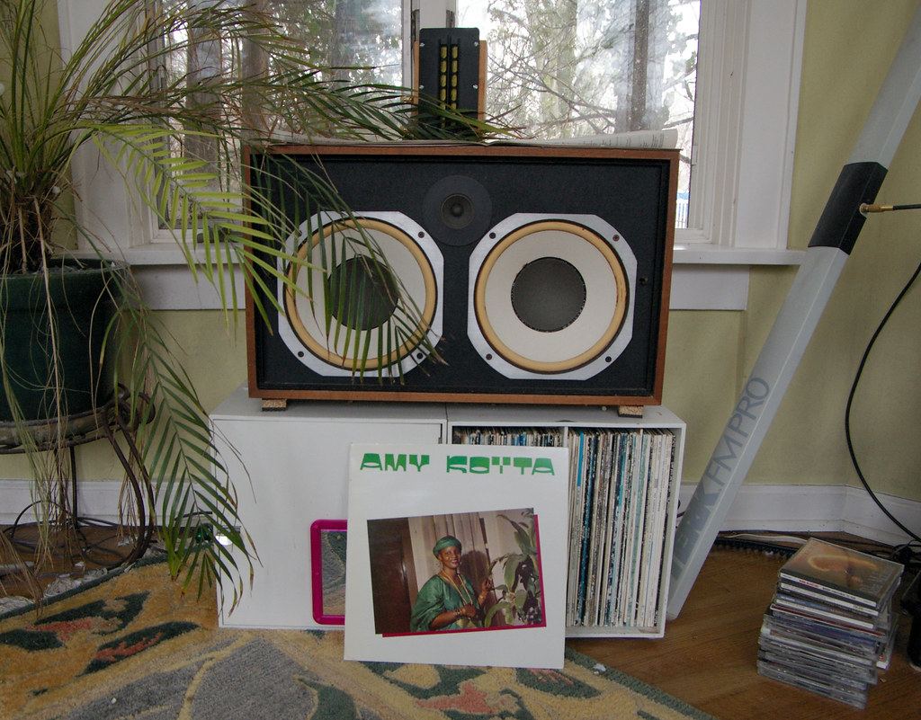 Large vintage JBL loudspeaker in a living room with a record collection beside it
