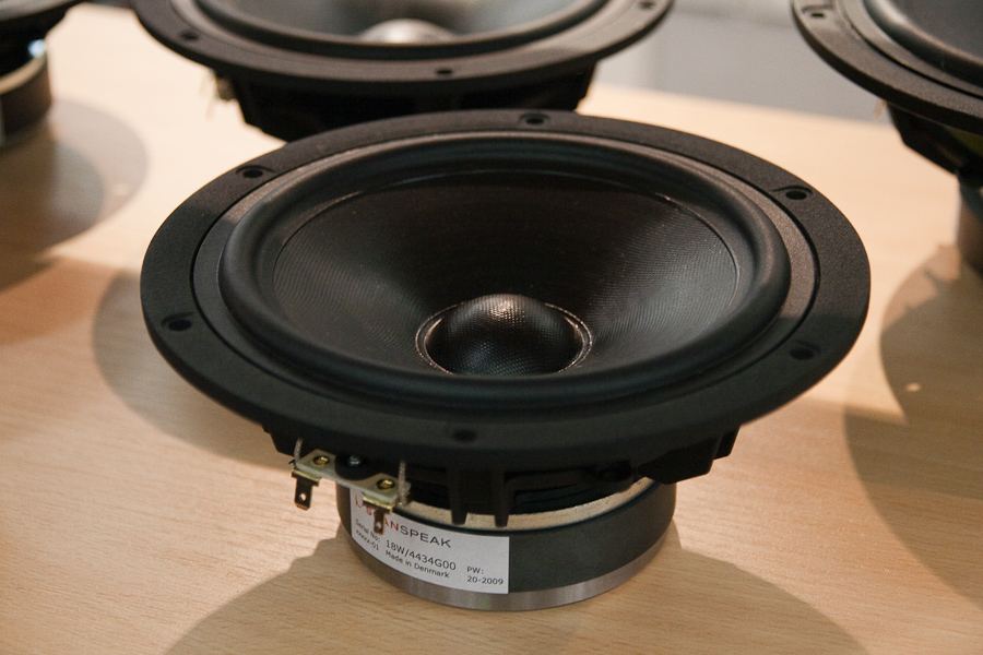 Several Scan-Speak woofer drivers displayed on a table