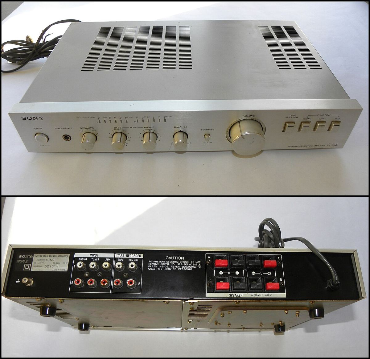 Front and rear views of a Sony TA-F30 integrated stereo amplifier