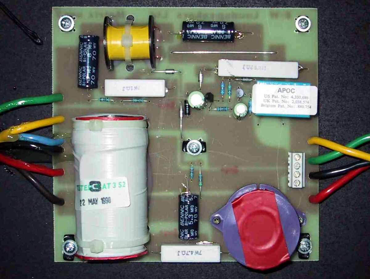 Passive crossover circuit board from a B&W Matrix loudspeaker, with inductors, capacitors and resistors