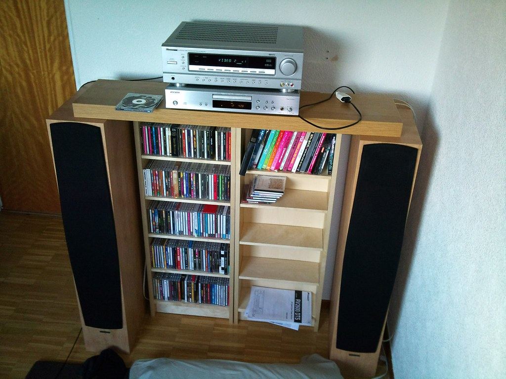 Floorstanding speakers either side of a hi-fi rack close to the front wall